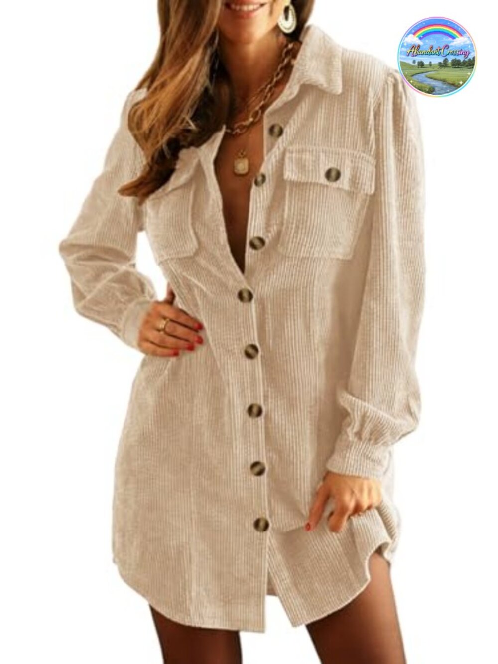 Corduroy Long Sleeve Button Front Tunic Dress with Pockets